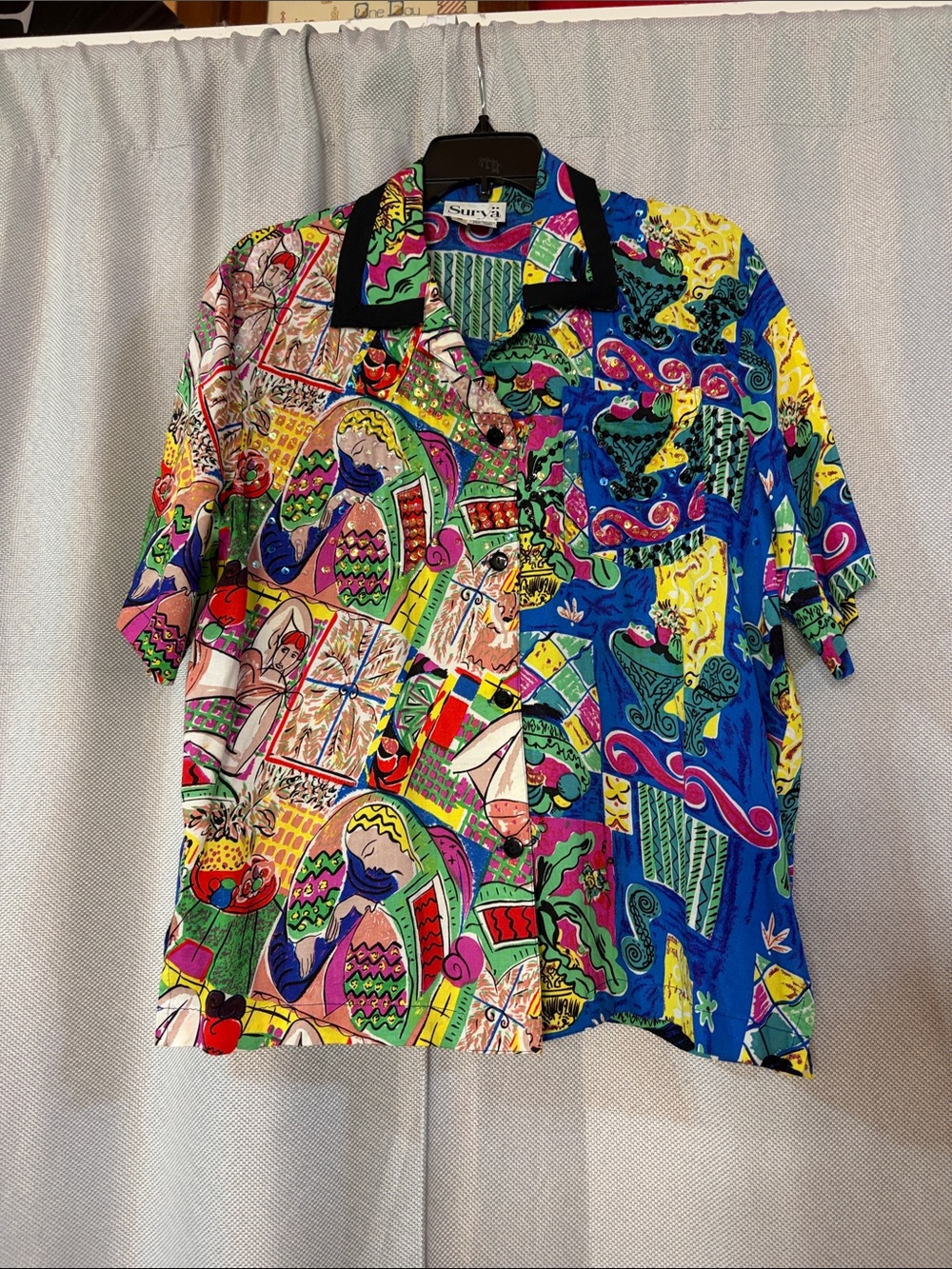 Vintage Multicolor Women's Short Sleeve Button Down Shirt